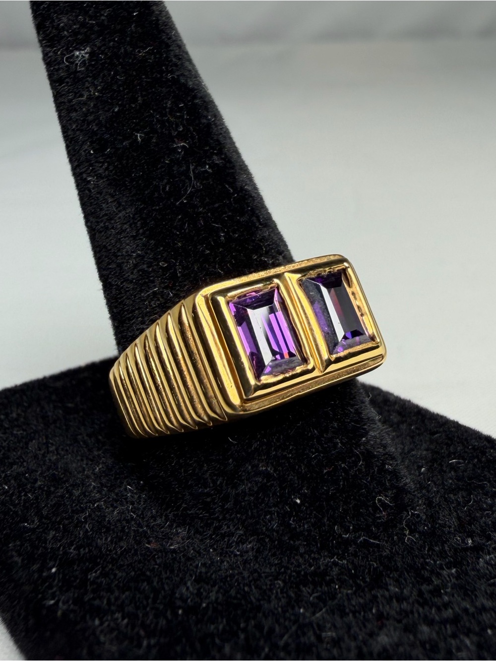 Natural Amethyst 2 Stone Ring 1.60ctw Emerald Cut Gold Over 925 Sterling Sz 8